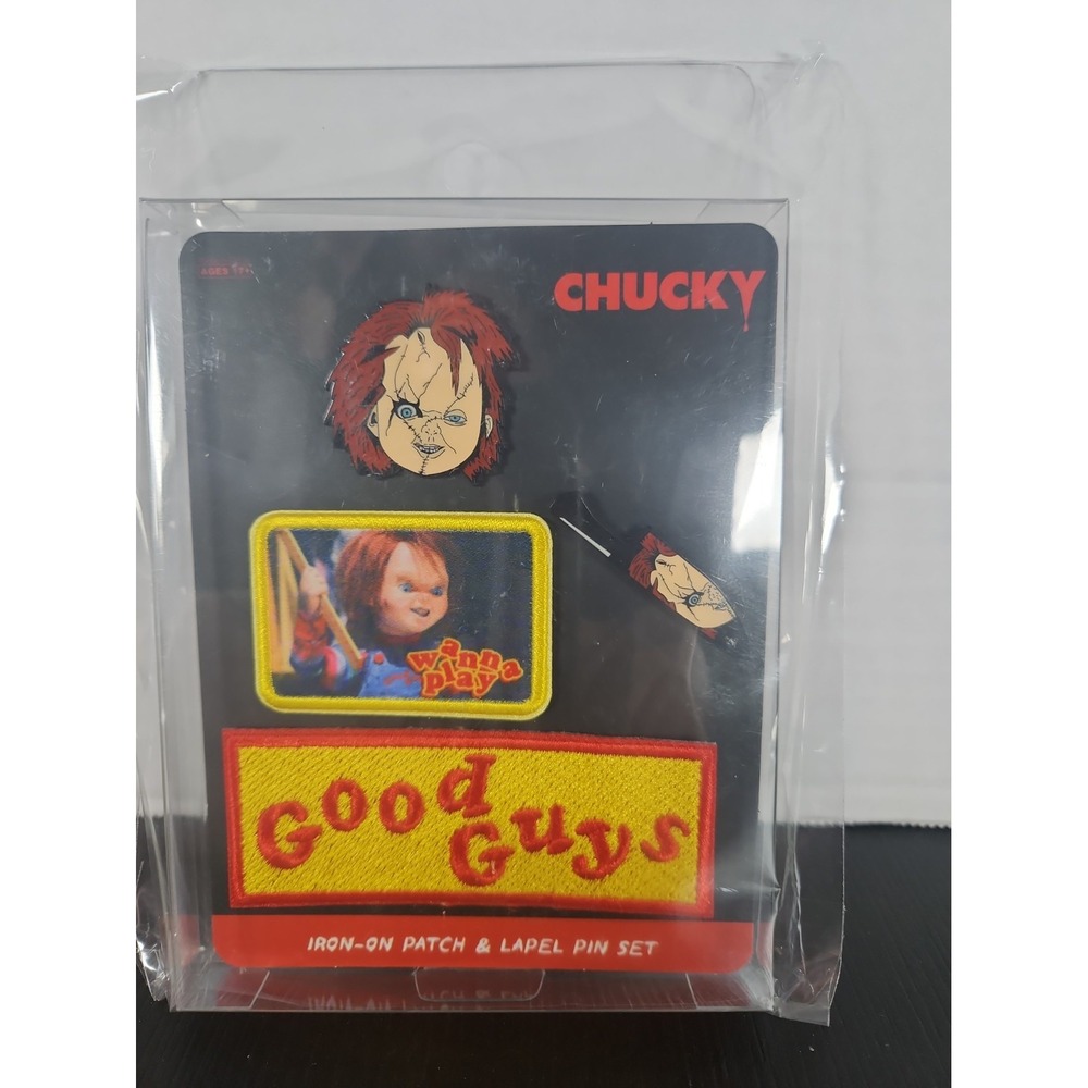 Chucky Iron-On Patch & Enamel Lapel Pin Set of 4 New Sealed Horror Halloween (A)